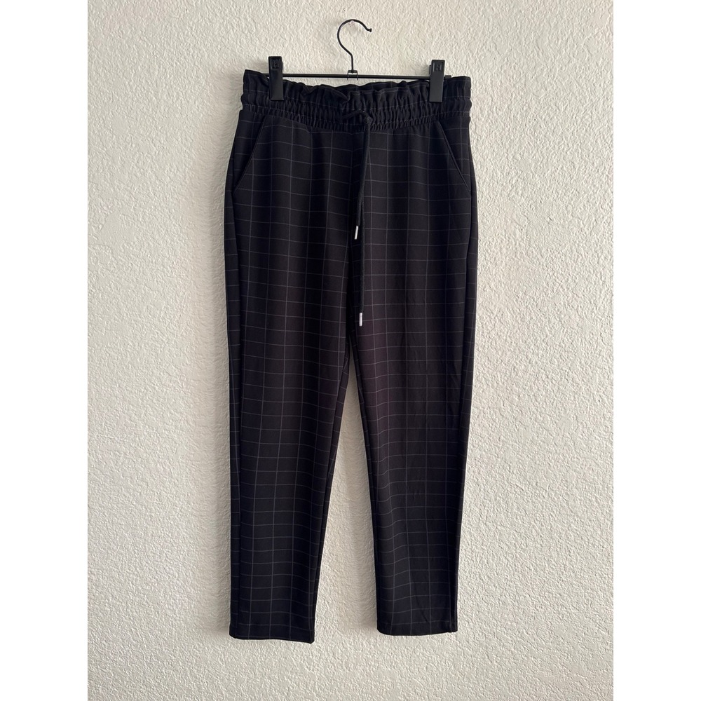 Indero Windowpane Plaid Paperbag Waist Pants S/M Excellent Black Tapered Stretch